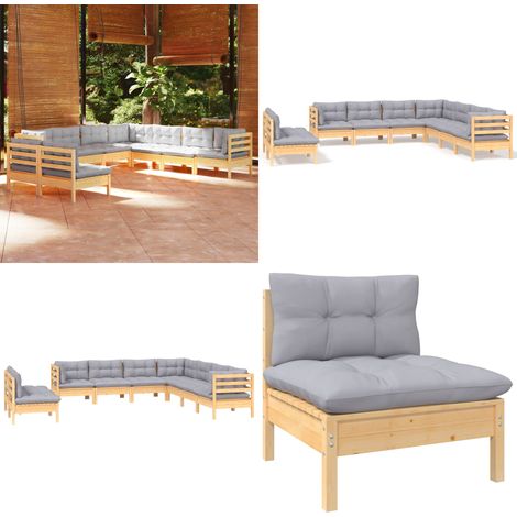 9-tlg. Garten-Lounge-Set mit Grauen Kissen Massivholz Kiefer - Terrassensofa - Holzsofa (1/5)