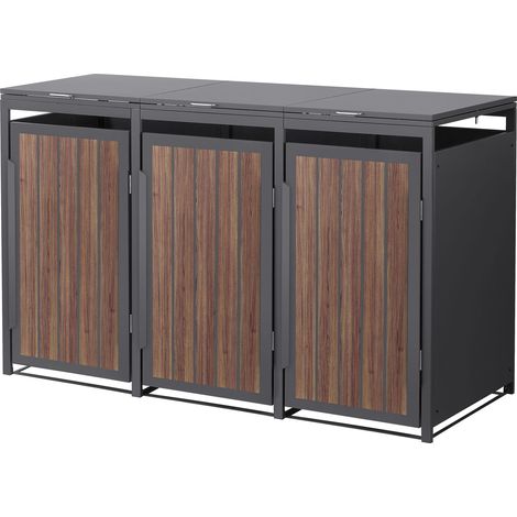 ML-Design Copribidone da Spazzatura per 3 Bidoni 240L 196x80x120 cm in Acciaio Antracite Effetto Rovere Scuro con Porte e Tetto a Ribalta, Resistente alle Intemperie, Deposito per Bidoni di Rifiuti