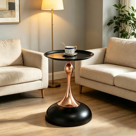 Mesa auxiliar redonda 38x38x54 cm negro y dorado, tablero de metal, para espacios pequeños MEUBLIV (1/4)