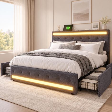 Doppelbett 140x190 cm Polsterbett mit 4 Schubladen, RGB-LED und USB Typ C Ladefunktion, Elegante Steppung, Leinenstoff, Lattenrost, Grau (1/5)