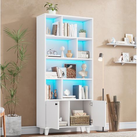 Libreria 80 x 30 x 173 cm, 7 scomparti, LED, ante, bianco HAVRYA (1/5)