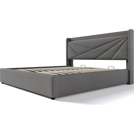 Cama doble tapizada con canapé y puertos USB Tipo-C gris 160 x 200 cm HOMVRA (1/5)