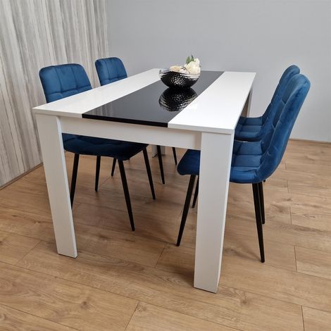 Dining Table and 4 Chairs White Black Wood 4 Velvet Blue Chairs Dining Room (1/5)