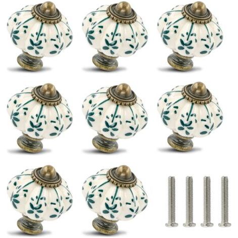 Set mit 12 elfenbeinfarbenen und grünen Keramikknöpfen – Kürbisform – 12 Befestigungsschrauben inklusive – Für Vintage-Schränke und -Schubladen