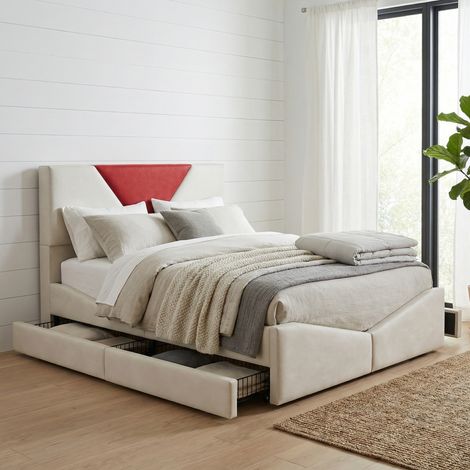 Letto con 4 cassetti 140x200, letto matrimoniale, struttura in velluto e metallo, letto adulto dal design moderno con motivo triangolare a contrasto, beige