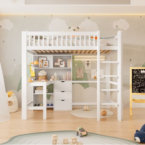 MEUBLIV Litera alta 90x200 cm blanca – escritorio y 3 cajones, sin colchón (1/5)