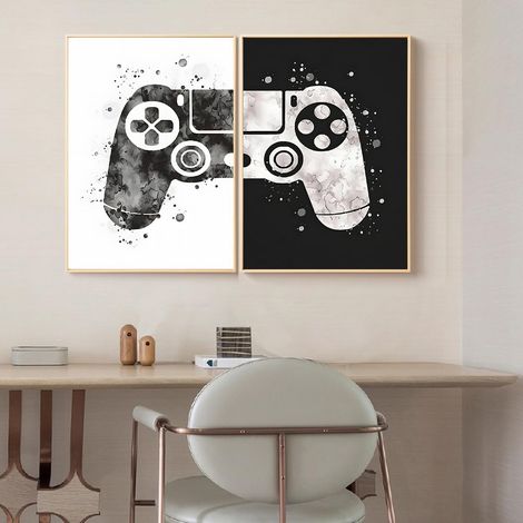 CCYKXATableau mural moderne en noir et blanc - Manette de jeu - Poster imprimé - Joystick - Décoration murale pour salon,Sans cadre - A, 50 x 70 cm x 2 (1/5)