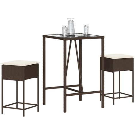 3-tlg. Gartenbar-Set mit Kissen Braun Poly Rattan