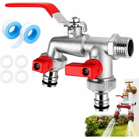 Double Robinet de Jardin, Robinet Exterieur en Laiton, Robinet Avec Double Sortie 3/4" et EntréE 1/2", Robinet Antigel Avec Double Connecteur et Embout Tuyau,Pour Jardins,Machine à Laver (1/5)