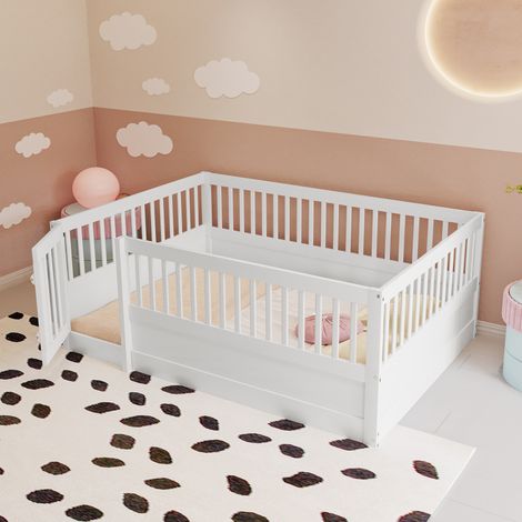 Lit simple enfant 140x200cm, Cadre de lit en bois avec barrière de sécurité et porte, adapté aux enfants et adolescents - Blanc