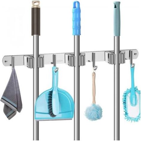 304Accroche Balai Mural, Porte Balais Mural avec 3 Emplacements et 4 Crochets, Support Balais Mural Amovible Acier Inoxydable, Porte Balais Mural sans Percage Pour Jardin, Salle de Bain, Gris (1/5)