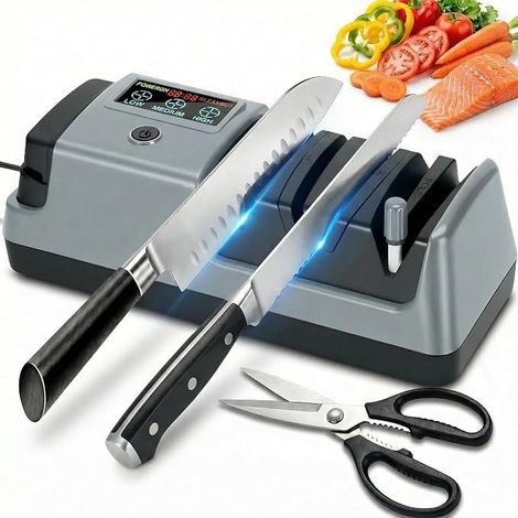 Aiguiseur de couteaux électrique avec écran LCD, 3 vitesses réglables, eguiseur de couteau professionnel pour couteaux droits, dentelés et en céramique et ciseaux (1/5)