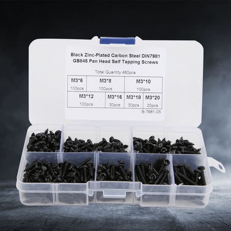 480 vis autotaraudeuses à tête ronde cylindrique en acier au carbone M3, finition nickel noir (acier au carbone noir) (1/5)