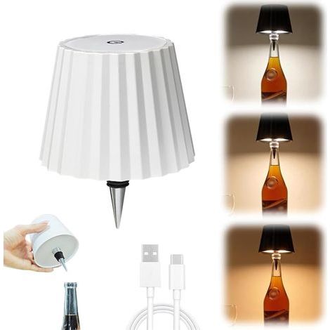 (Blanc)Lampe bouteille sans fil, lampe bouteille LED portable sans fil avec 3 modes de variation d'intensité lumineuse, tête de lampe rechargeable pour bouteille de vin, lampe de table tactile pour (1/5)