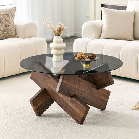 Mesa baja redonda de vidrio templado, Ø 79 cm, altura 45 cm, color nogal HAVRYA (1/5)