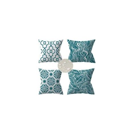 Un ensemble de 4 housses de coussin d'extérieur, taies d'oreiller imperméables pour canapé 45x45 cm, motif de plantes vertes, coussins de décoration de jardin (45 x 45 cm, turquoise).