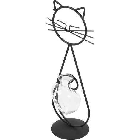 Vase en fer et verre en forme de chat, support pour plantes hydroponiques, décoration de bureau (1/5)