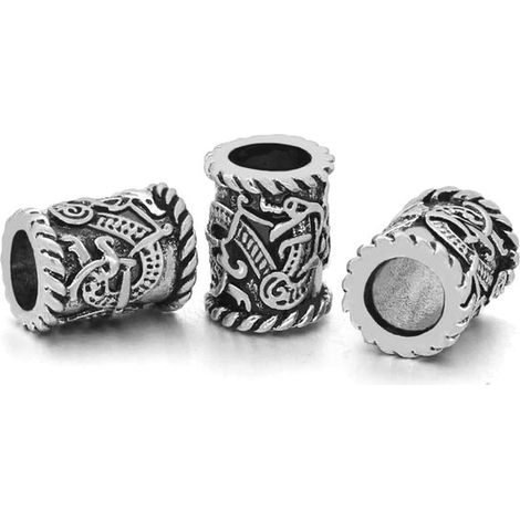 Set di 3 perline da barba vichinghe in acciaio inossidabile per acconciature intrecciate, bracciali e pendenti, diametro interno 6 mm, argento, gioielli fai da te e accessori per capelli (1/5)