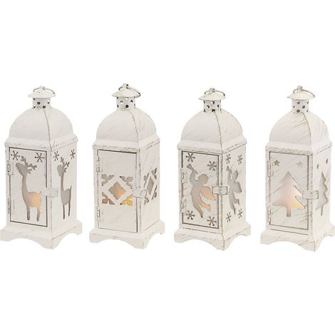 Kleine Laterne Batterie Laterne Weihnachten Weihnachtslampe Innen Weihnachtslaterne in weiß Shabby Chic, 1x Stern 1x Tanne 1x Rentier 1x Engel, 1x LED, BxH 7 x 19, 4er Set