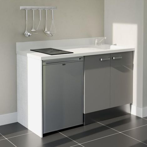 Kitchenette K17L - 140 cm - plan monobloc évier intégré Snova- évier à droite - Façades Gris + Electroménager inclus coloris Inox