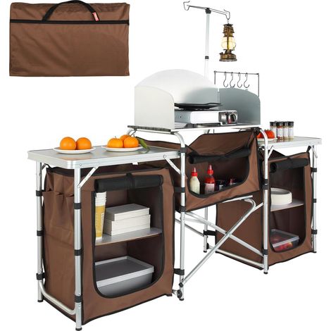 Cuisine de Camping 174x176x46 cm Armoire de Camping Pliable Structure en Alu Grand Comptoir Meuble de Cuisine avec Pare-Brise 5 Compartiments avec Sac de Transport pour BBQ Pique-Nique Jardin (1/5)