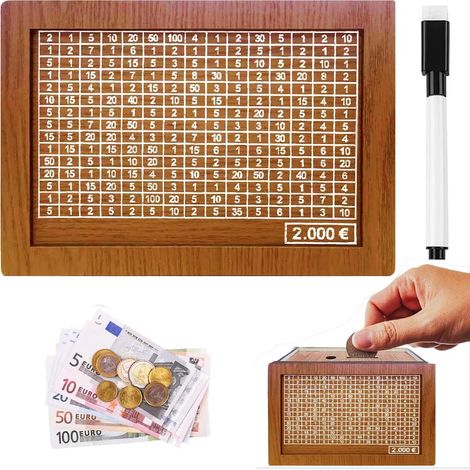 Tirelire en bois rétro, boîte d'épargne réutilisable avec objectif et chiffres à cocher, coffre à pièces pour enfants, tirelire avec marqueur, économiseur à but précis (1/5)