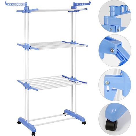 SiFree®Sotech - Séchoir Pliable d'Interieur, Etendoir à 3 Niveaux, 3 étagères, Bleu, Avec porte-chaussures, Dimensions: 75-126 x 64 x 168 (1/5)