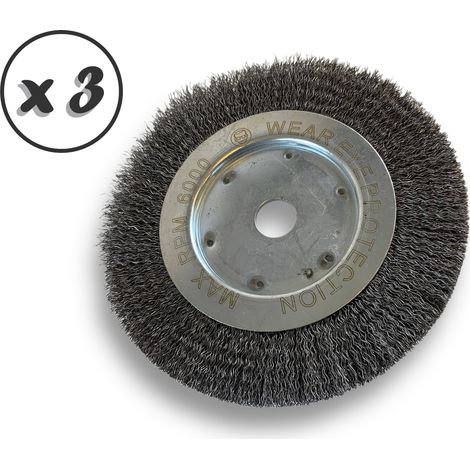 Lot de 3 brosses circulaires ACIER Ø 175 mm Epaisseur 1 rang Fil dur 0.30 mm ondulé Alésage 20 mm + réducteur bague 16/12 mm Touret meuleuse affûteuse ponceuse Kibros 214176ATx3 (1/5)