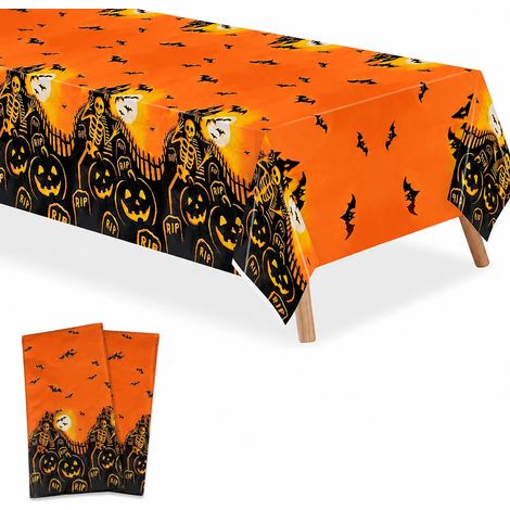 2 Pcs Nappe Citrouille d'Halloween, Lot de 2 Nappes Citrouille Orange Imperméables, Nappe Décoration Squelette Effrayant pour Halloween Fêtes pour la Décoration de Fête d'Halloween(137 183cm) (1/5)