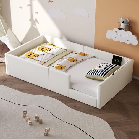 Lit plateforme rembourré avec garde-corps et station de charge, blanc, MDF, contreplaqué, PU, 90 x 200 cm, 212 x 98 x 44 cm (1/5)
