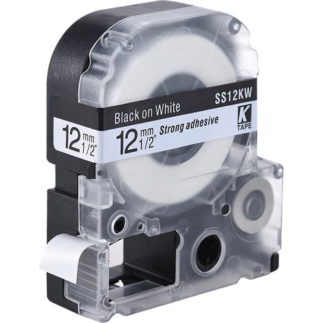 Ruban étiquette noir sur blanc 12mm x 8m compatible Kingjim Epson imprimante étiquettes LW400/LW600/SR230C/SR230CH/SR530C/SR550C