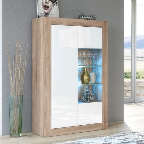 Arcadia Display Cabinet 140cm - Oak with White Gloss Doors & LED