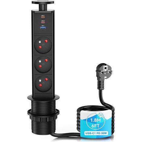 Prise Encastrable Plan de Travail Type E, Multiprise Escamotable 3 Prises Françaises avec USB-C1 PD 30W, USB-C2 15W et USB-A 15W, Bloc Prise de Table Ø60mm, 4000W/16A, Câble 1,8m, Noir (1/5)