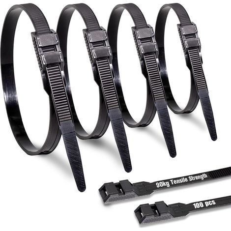 Doppelt verschließbare Kabelbinder (9 mm x 360 mm), schwarz, 100 Stück, UV-beständig, langlebig, 90 kg Zugfestigkeit, für Kabelmanagement, Heimwerken, Basteln, Werkstatt und Gartenarbeit (1/5)