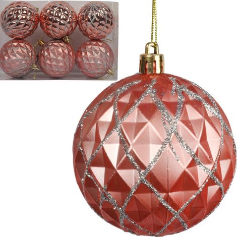 Palline di Natale rosa con decorazioni glitterate, in plastica, 6 pezzi, 8 cm (1/4)