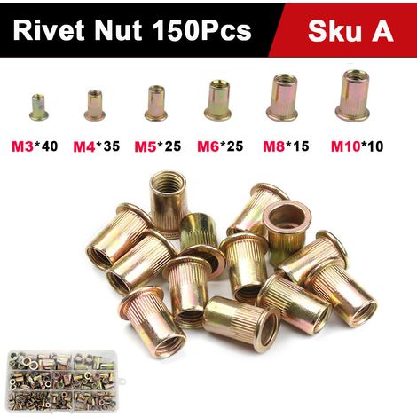 Rivets à mandrin filetés à tête plate avec stries verticales, en zinc coloré, M3 à M10, lot de 150 pièces (1/5)