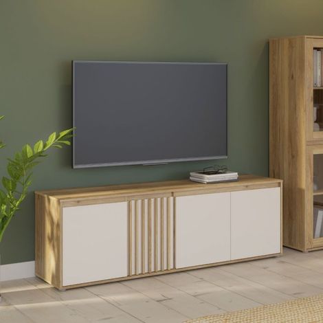 Porta TV Neutra Rovere e Cashmere con 4 Ante con dettagli Cannettati