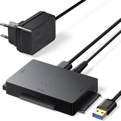 (Schwarz) USB 3.0 zu IDE SATA Festplattenadapter für 2,5" und 3,5" IDE- und SATA-SSDs mit externem Netzteil