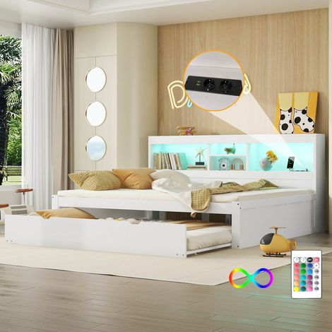 Canapé-lit enfants 140 x 200 cm avec lit gigogne et éclairage LED compartiment de rangement côté lit et port USB Blanc (1/5)
