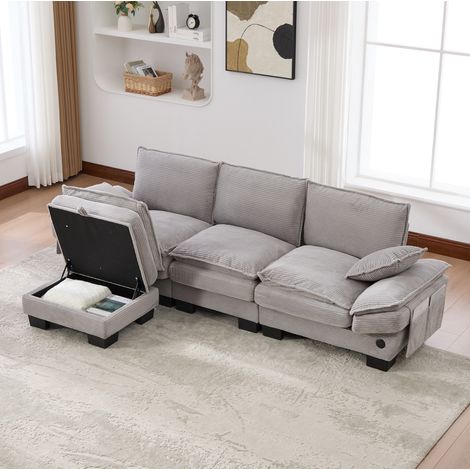Divano modulare 3 posti in velluto a coste grigio chiaro con pouf, USB-C, 260 x 132 x 84 cm (1/5)