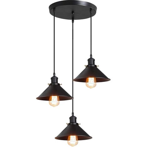 Suspension Luminaire Industrielle Lustre Plafonniers Design Edison Métal Lustre Suspension, Ø 220Mm, Noir, 3 Lampes, Noir Mat Douille - Cercle Base (1/5)