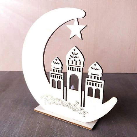 Plaque suspendue en bois Ramadan Eid Mubarak Lune Étoile Islam avec lumière LED - Pentagramme de la lune (1/4)
