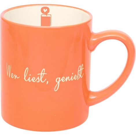 Tasse en céramique, avec gravure et motif de livre, passe au lave-vaisselle et au micro-ondes, couleur abricot, 350 ml (1/4)