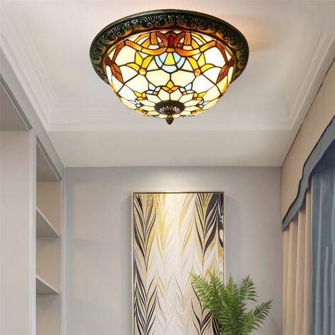 Plafonnier style Tiffany pour chambre d'enfant AUTRUCKER - Vitrail coloré, montage encastré, éclairage de chambre, culot E27, 3 lumières - 40 cm (1/5)