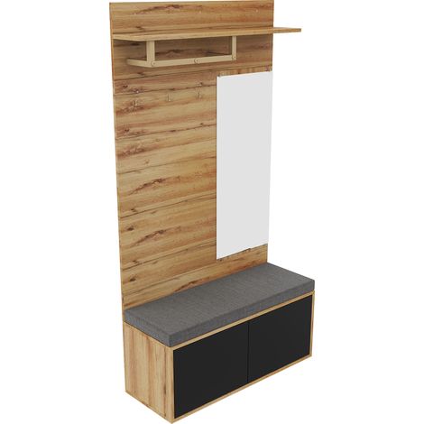 Mueble de Entrada con Banco y Espejo, 2 Puertas, Barra para Ropa y Ganchos, Estilo Moderno, en Tablero de Partículas, 110×38×190 cm, Negro (1/5)