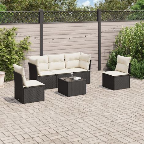 Ensemble jardin 6 places résine tressée noir avec table verre trempé et coussins lavables - Salon extérieur modulaire (1/3)