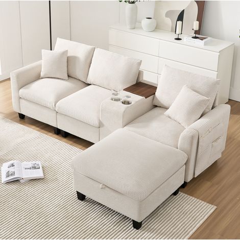Sofá rinconero en L beige de corduroy con consola USB y portavasos (1/5)