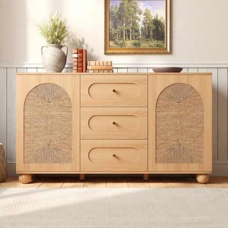 Buffet bas 140x40x80 cm avec 2 portes en corde tressée, 3 tiroirs, rangements fermés, pieds boule en pin, MDF et Panneaux de particules, naturel (1/5)