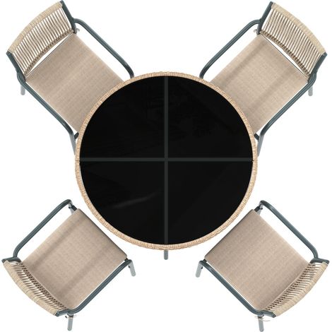 Ensemble de mobilier de jardin moderne 5 pièces en rotin avec table ronde en verre trempé et 4 fauteuils gris à structure en fer pour terrasse et balcon (1/5)