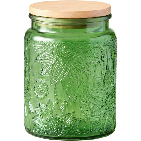 Bocal en verre vintage avec couvercle, bocal coloré pour cuisine, garde-manger, bocal en verre pour aliments, pour café, thé, bonbons, biscuits, sucre (Vert 1, 700 ml) (1/5)